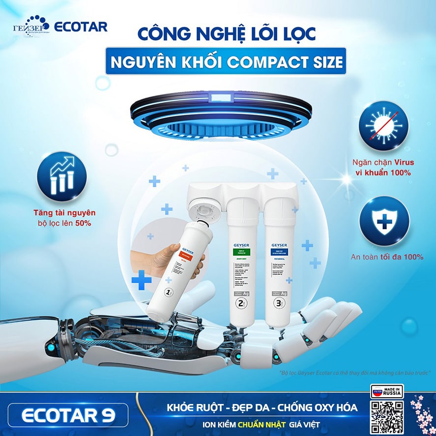 Máy lọc Geyser Ecotar 9 đảm bảo an toàn cho người sử dụng với tính năng lõi lọc được thay mới
