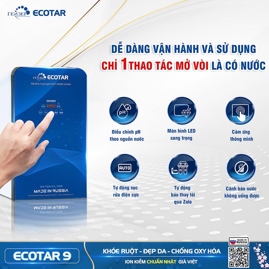 Lọc nước ion kiềm Geyser Ecotar 9 được điều khiển bằng cảm ứng 1 chạm