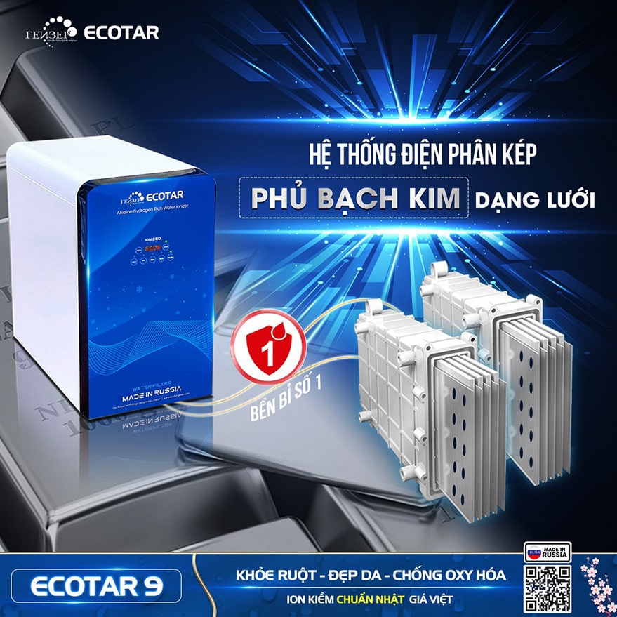 Máy tạo nước ion kiềm Ecotar 9 chuẩn Nhật sử dụng nguyên lý điện phân với 2 điện cực trái dấu