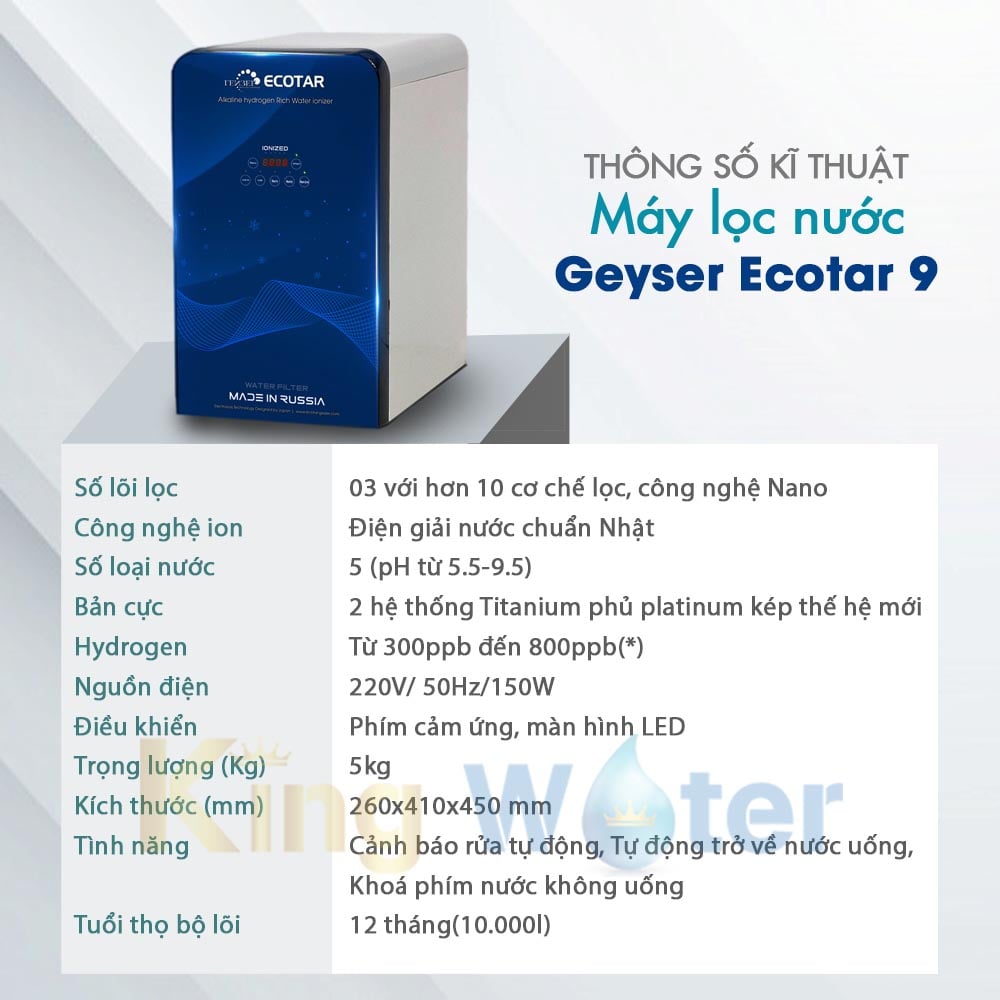 Thông số kĩ thuật máy lọc nước ion kiềm giàu hydro Geyser Ecotar 9