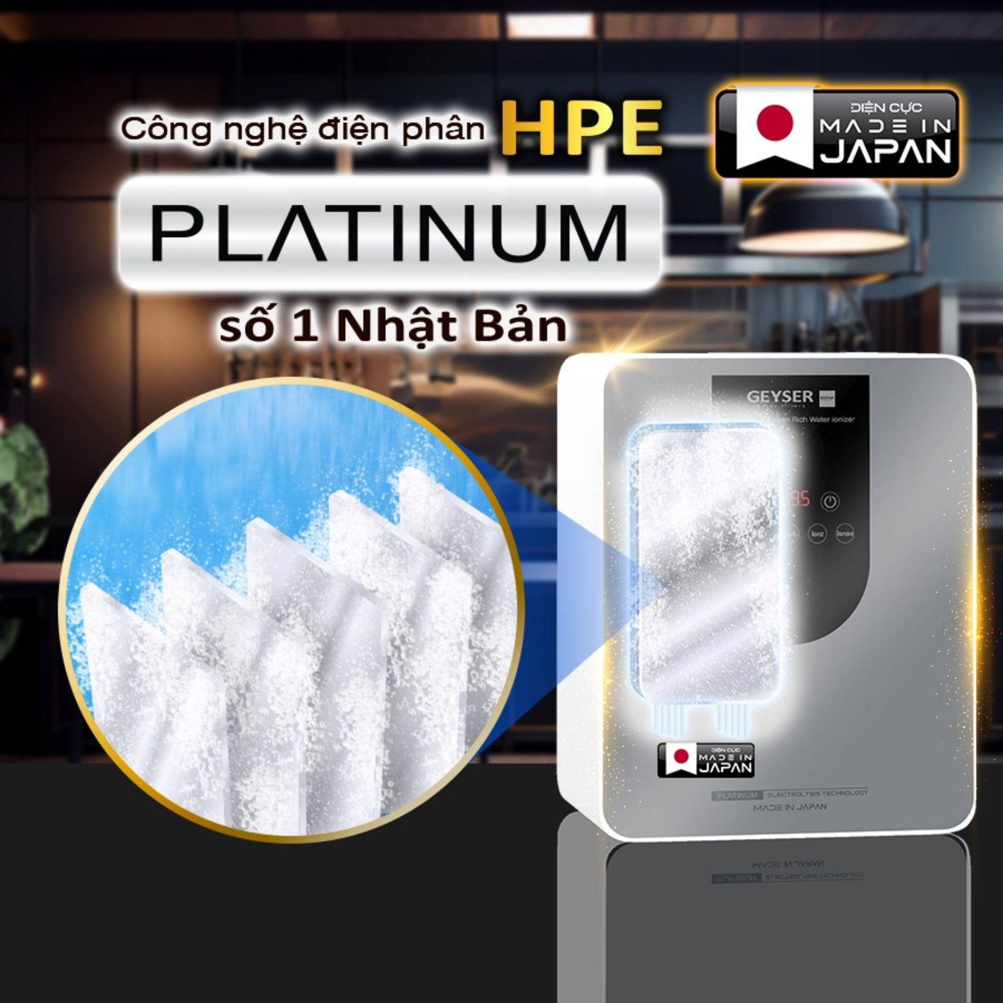 Máy lọc nước Geyser Ecotar 9 Pro sử dụng công nghệ điện phân Platinum hàng đầu tại Nhật Bản